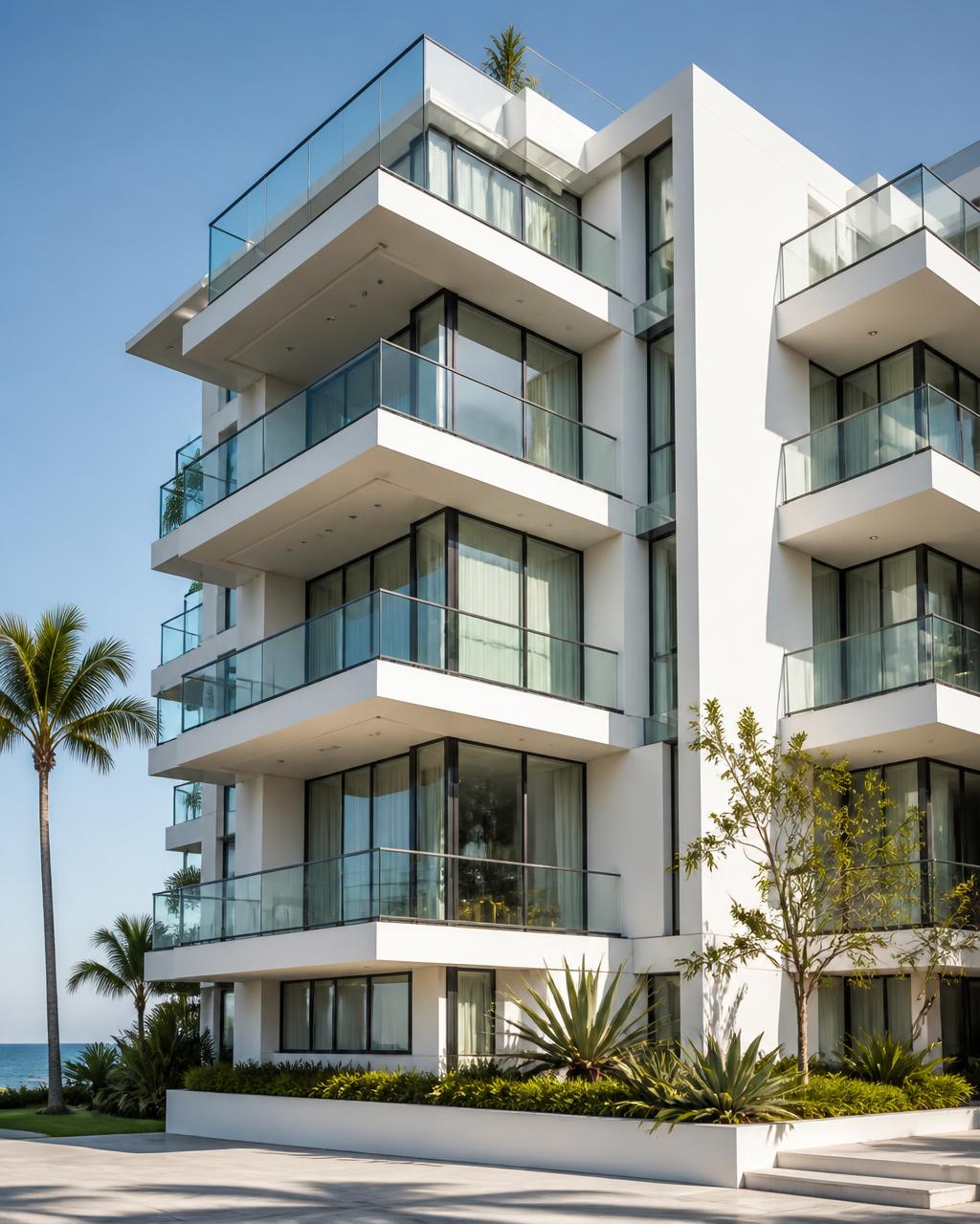 Modern white condominium facade with balcony railings in soft daylight